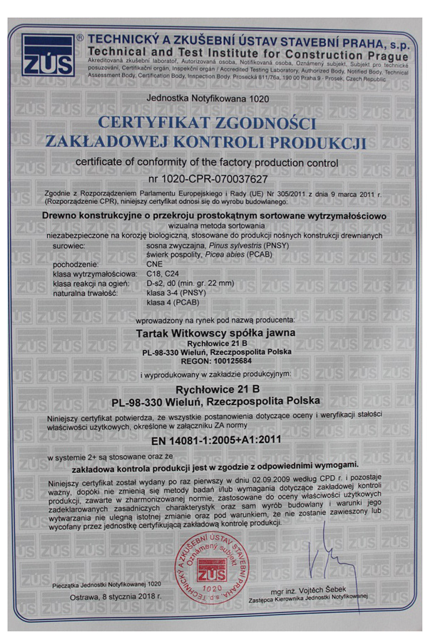 Tartak Witkowscy - Certyfikaty, atesty